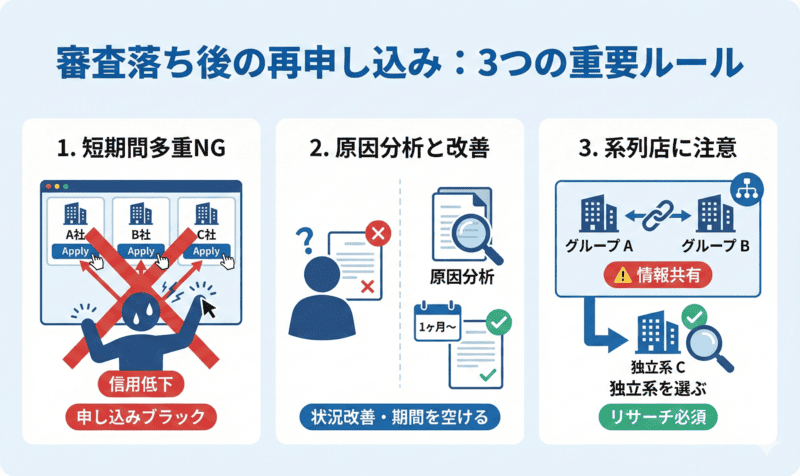 先払い買取で審査落ちした後の再申し込み注意点