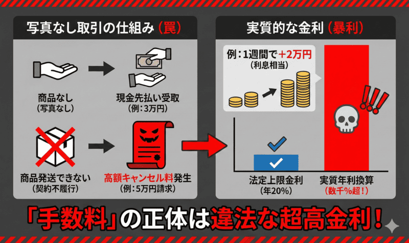 写真なし取引の罠！高額なキャンセル料と実質的な金利
